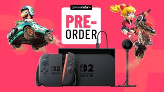 Official renders of Luigi and Princess Peach from Mario Kart World, jumping away from the Nintendo Switch 2, with a pink GamesRadar background.