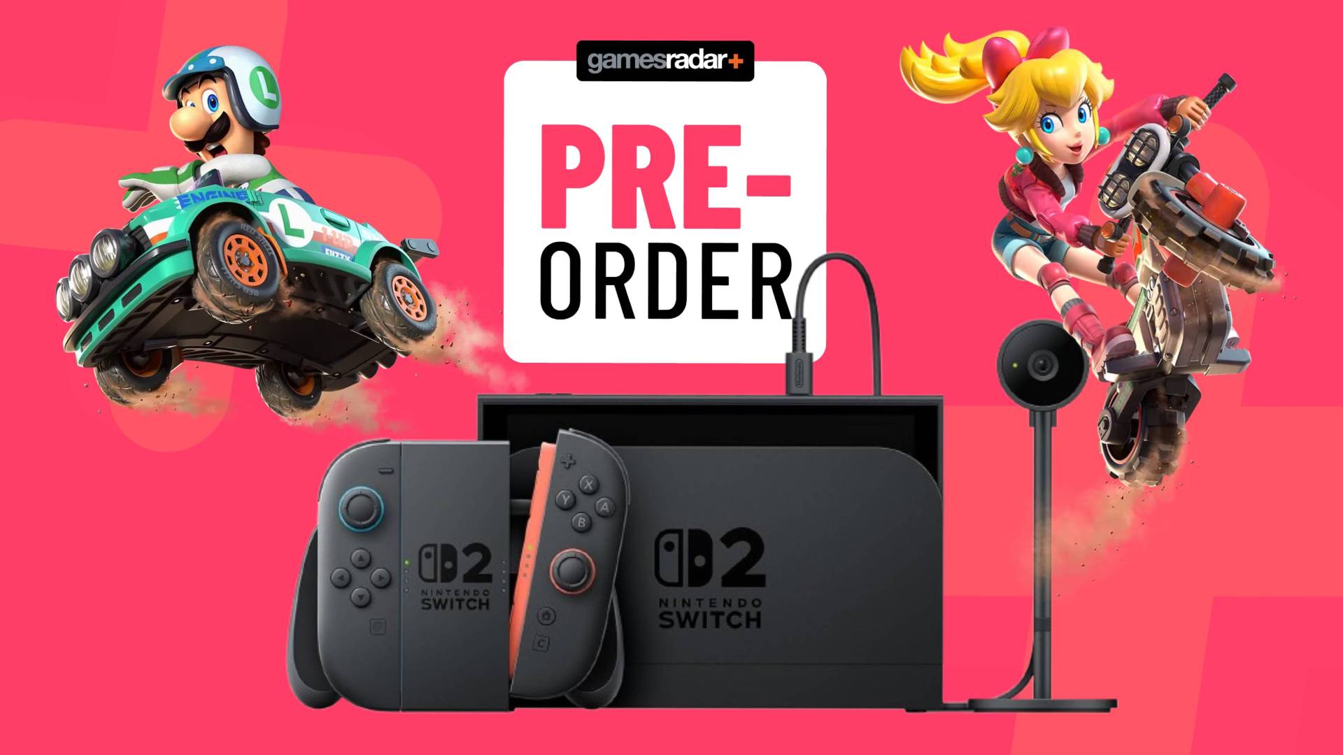 Official renders of Luigi and Princess Peach from Mario Kart World, jumping away from the Nintendo Switch 2, with a pink GamesRadar background.