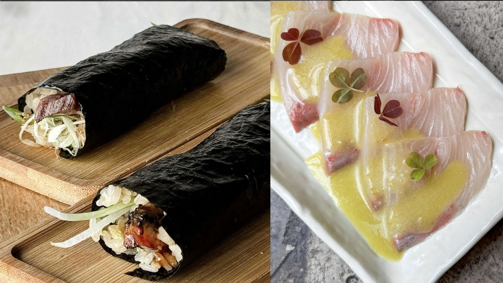 A photo of Temaki handrolls and sashimi.