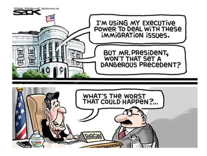 Political cartoon Reagan executive powers immigration