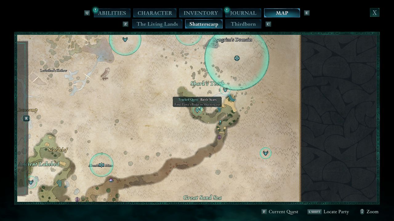 Avowed - map of Shatterscarp showing the location of Tama's Badge near Shark's Teeth.