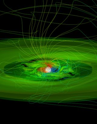 Computer simulation of an accretion disk and funnel streams (green) and the magnetic field lines (multi-colored) on an emerging star. The young star grows as the magnetic field feeds material from the disk onto the north and south poles of the star.