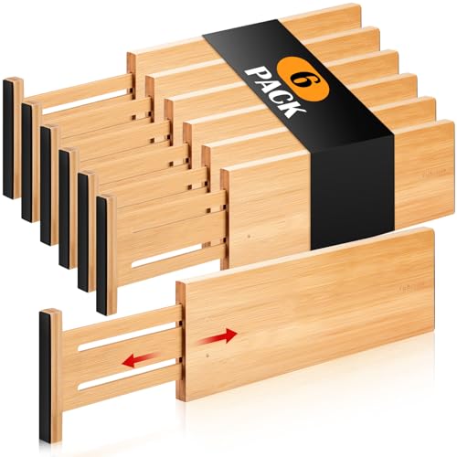 Fabsome Dresser Drawer Organizers 6 Pack, 4.65'' High Adjustable From 12.5-17&amp;lsquo;&amp;rsquo; Bamboo Drawer Dividers for Clothing Baby Clothes, Wooden Separators for Dresser Nursery Organization With Soft Foam Ends