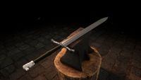 A longsword with a lionhead hilt resting on an anvil in Bladesong.