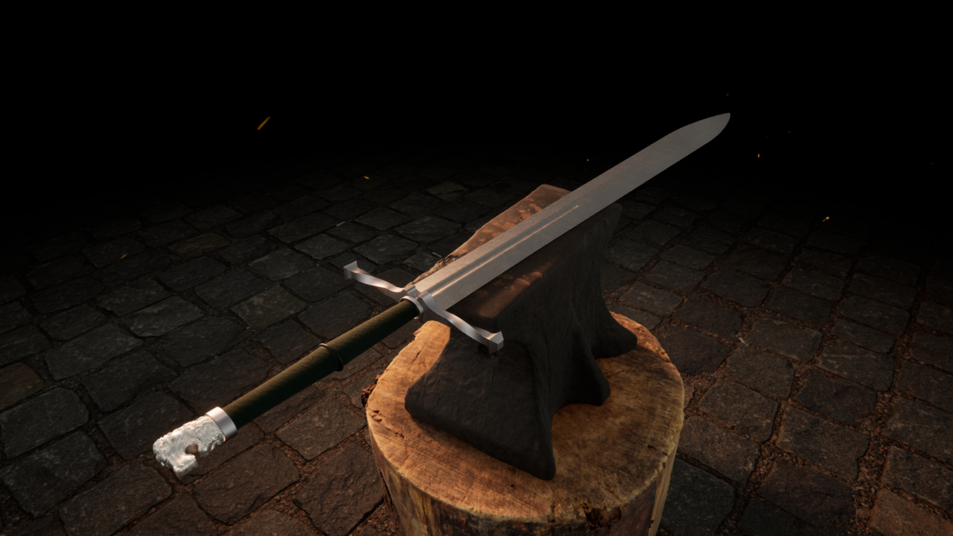 A longsword with a lionhead hilt resting on an anvil in Bladesong.