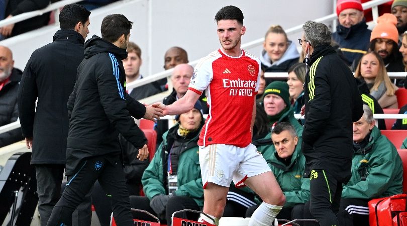 Declan Rice is substituted during Arsenal&#039;s win over Crystal Palace in January 2024.