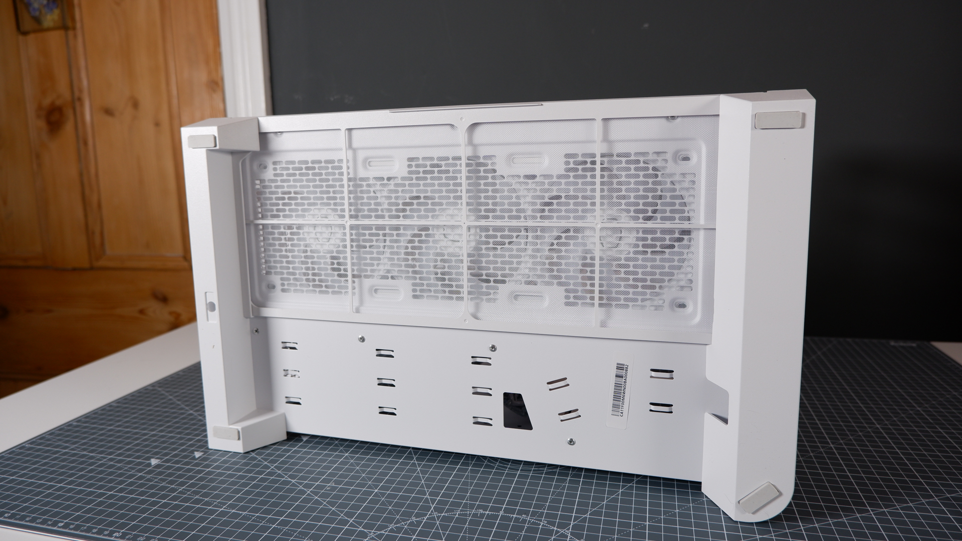 Thermaltake View 390 Air chassis on a desk. We're building a PC into it for testing and comparison with other PC cases.