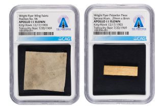 A cut segment of muslin cloth (at left) and an aluminum-trimmed spruce from the propeller of the Wright Brothers' 1903 Flyer, both flown to the moon on the Apollo 11 mission by Neil Armstrong.
