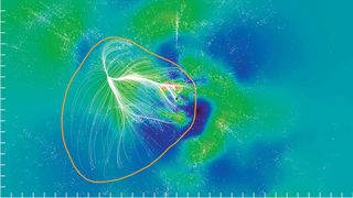 This computer-generated depiction of the Laniakea Supercluster of galaxies, which includes the Milky Way galaxy containing Earth's solar system, shows a view of the supercluster as seen from the supergalactic equatorial plane.