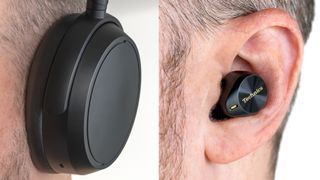 Example of over-ear headphones and wireless earbuds in ears.