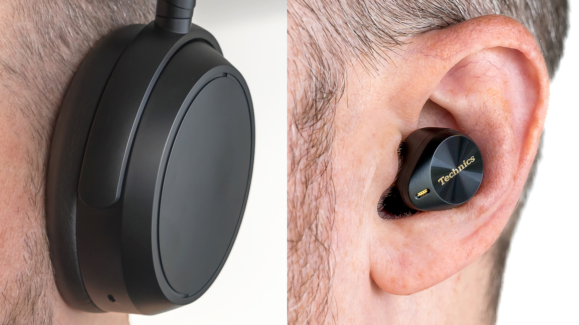 Example of over-ear headphones and wireless earbuds in ears.