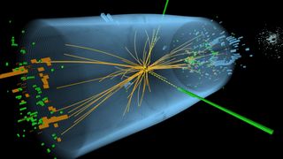 A computerised image of the collision of two particles and the decay of the Higgs boson during an test event at CERN. The photons are represented in yellow lines and green towers radiating from the collision.