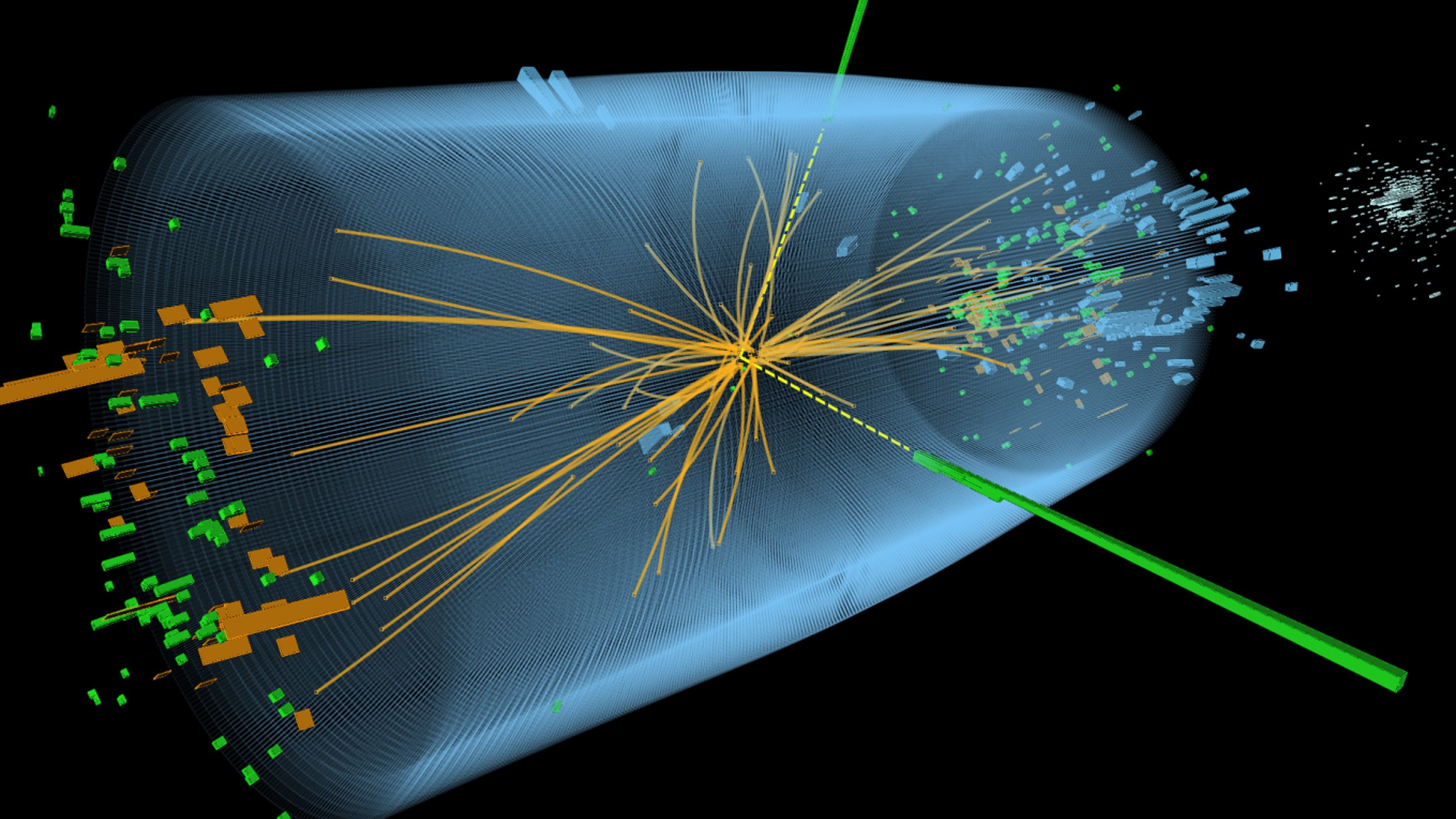 Een computerbeeld van de botsing van twee deeltjes en het verval van het Higgs-deeltje tijdens een testevenement bij CERN.  De fotonen zijn weergegeven in gele lijnen en groene torens die uitstralen door de botsing.