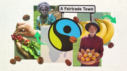 Illustration of farmers, crops and the Fairtrade logo