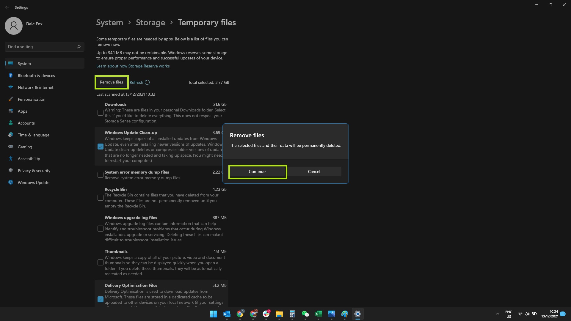 Screenshot of Windows 11 Temporary files screen with 