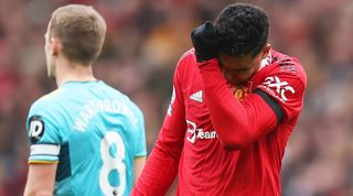 Casemiro looks dejected after he is shown a straight red card in Manchester United's Premier League game against Southampton in March 2023.