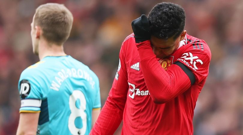 Casemiro looks dejected after he is shown a straight red card in Manchester United&#039;s Premier League game against Southampton in March 2023.