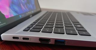 Close up of left hand side of Acer Swift Go 14 laptop