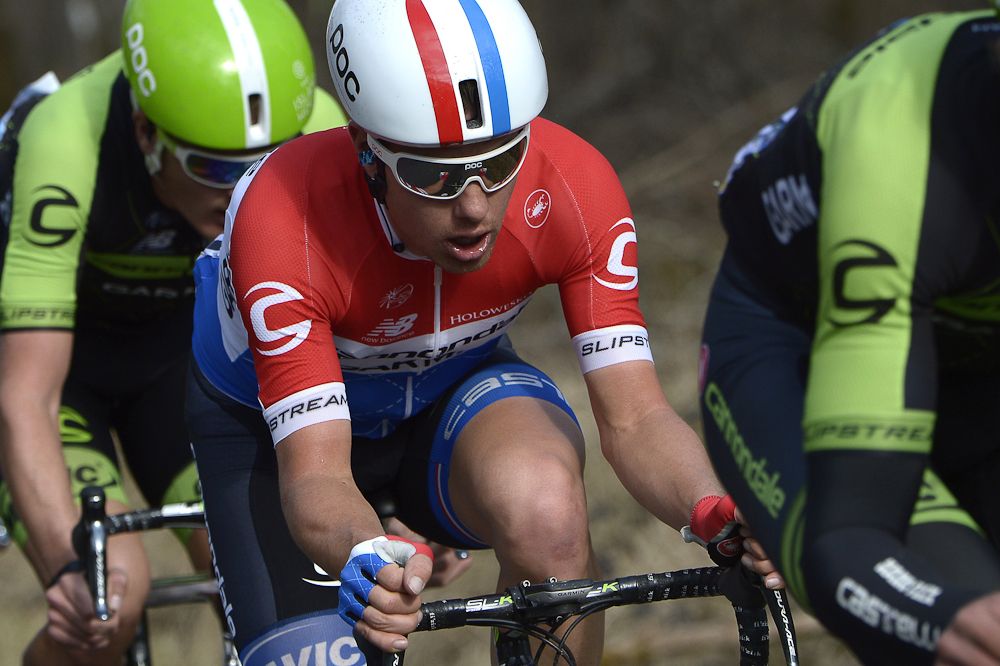 Sebastian Langeveld rides in the pack between his Cannondale-Garmin teammates.