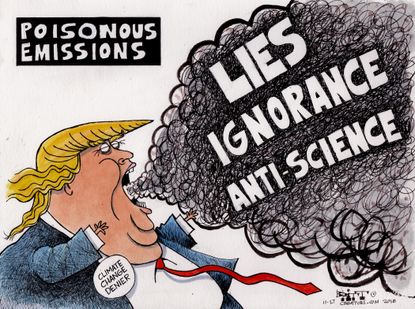 Political cartoon U.S. poisonous emissions Trump climate change denial lies ignorance anti-science
