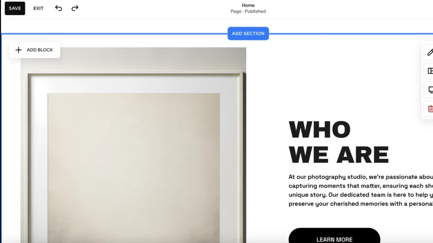 Screenshot of website being set up in Squarespace using its AI builder