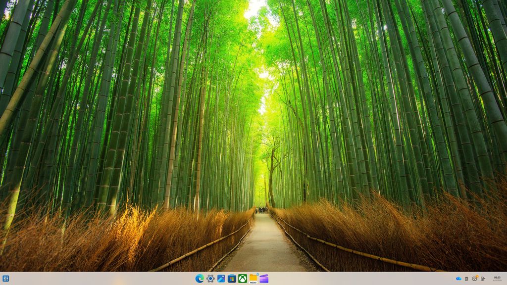 Windows 11 desktop with a GroDock taskbar at the bottom bottom displaying icons and the time "08:55".