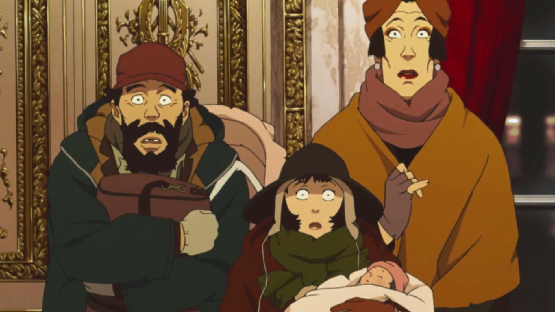 Gin, Hana, and Miyuki holding a baby in Tokyo Godfathers