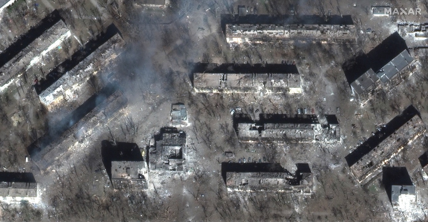 This photo, taken by Maxar Technologies' WorldView-3 satellite on March 29, 2022, shows the destruction of residential buildings in the Ukrainian city of Mariupol by Russian shelling.