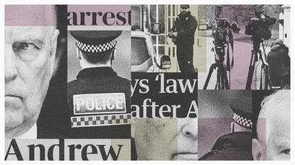 Photo collage illustration of Andrew Mountbatten-Windsor, newspaper headlines and scenes of police at his residence after his arrest
