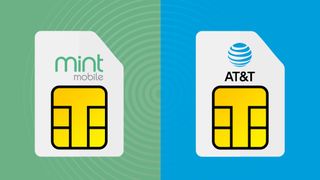 Mint Mobile and AT&T branded SIM cards on green and blue background