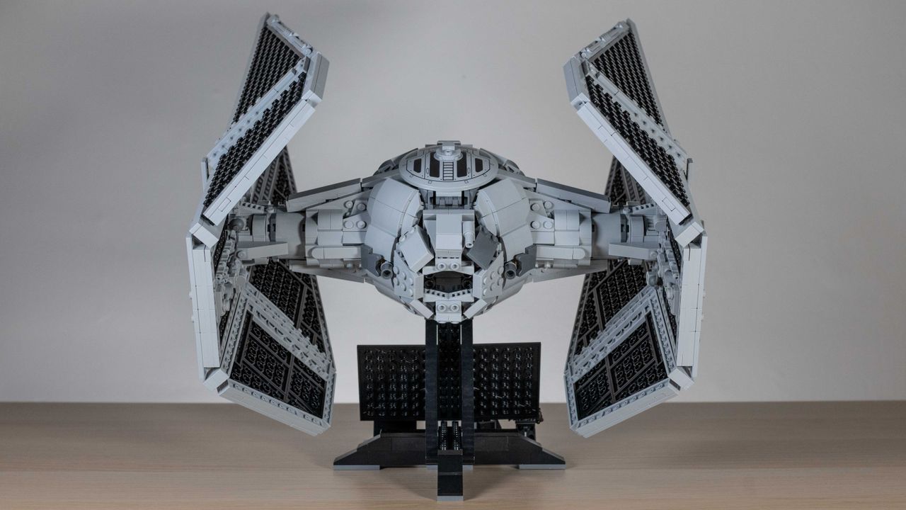 Lego TIE Interceptor, rear view on a neutral background