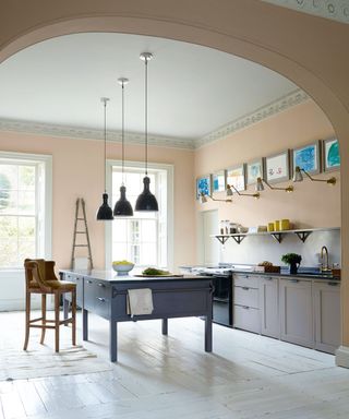 Freestanding kitchen with pink wall