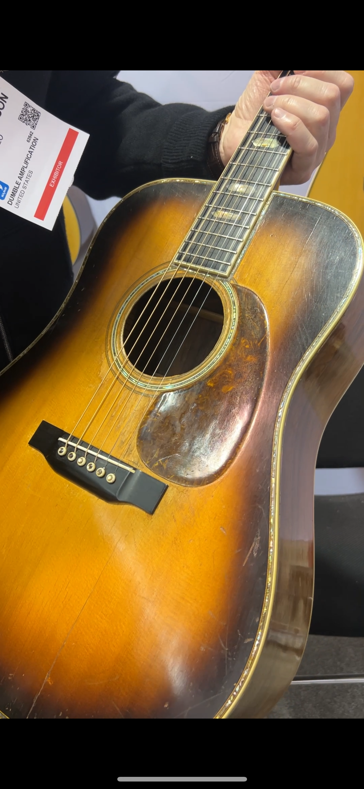 Matt Swanson holds and plays his 1938 Martin D-45 at the 2026 NAMM Show in Anaheim, California