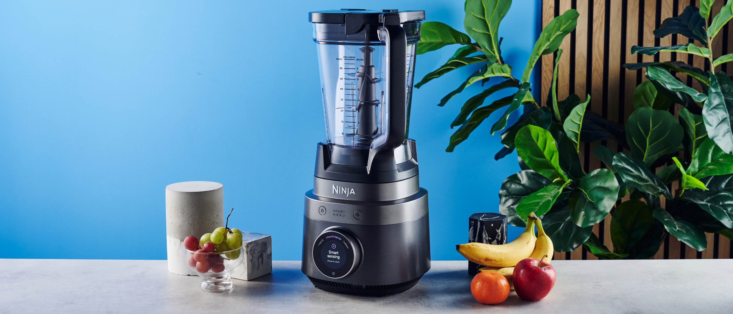 Ninja Crush Boss Blender in black photographed in front of a ble background with fruit. 