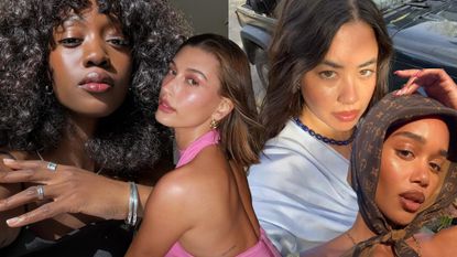 Emmanuelle Koffi, Hailey Bieber, Laura Harrier, and Sasha Mei selfies with glowing, dewy makeup