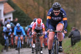 Mieke Kroger of Germany and Team Virtu Cycling racing Omloop Het Nieuwsblad