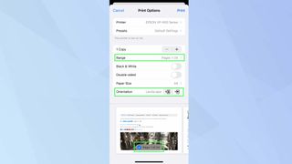 Screenshot of iOS "print options" page with "Range" and "Orientation" highlighted
