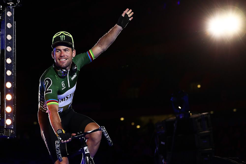 Mark Cavendish of Great Britain waves as he's introduced to the fans on day one of the London Six Day