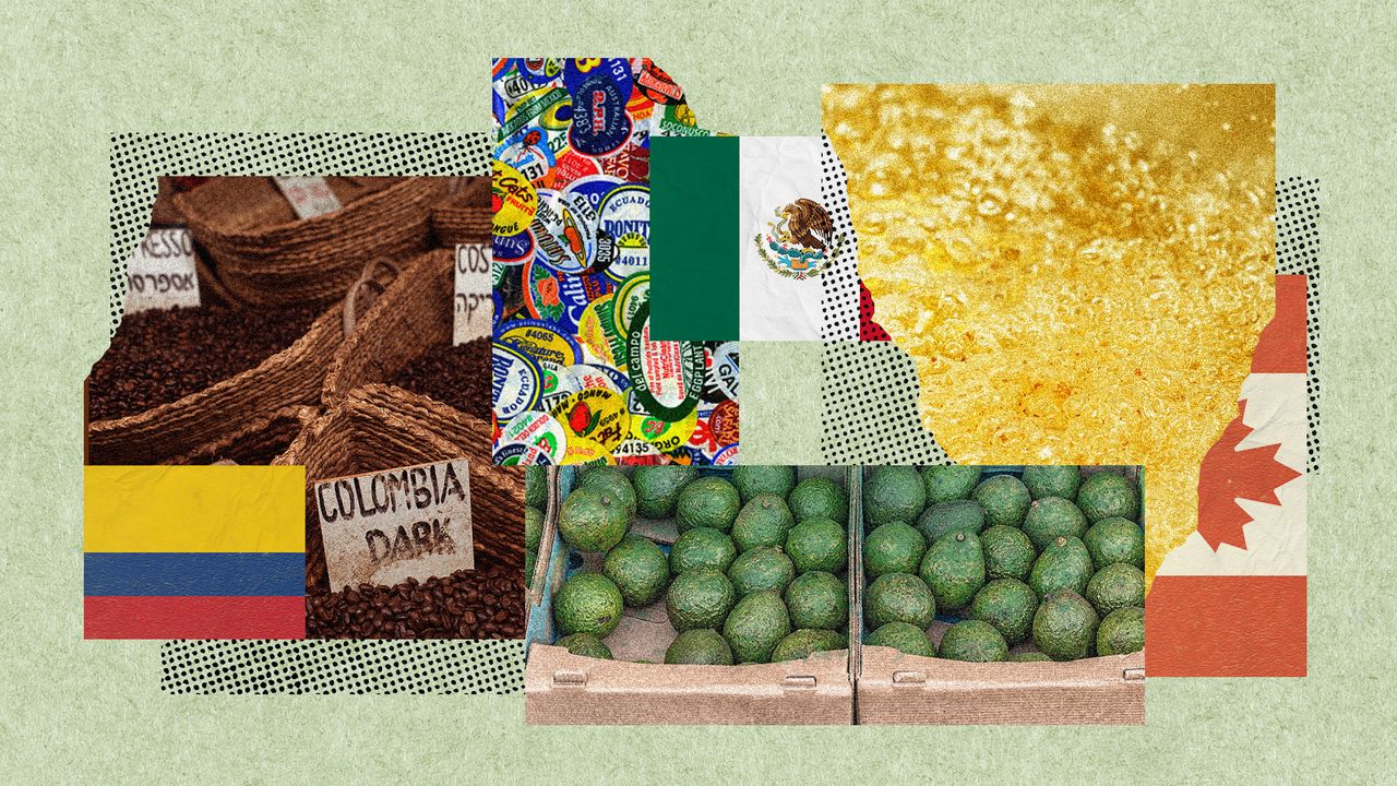 Photo collage of Canadian, Mexican, and Colombian flags, Colombian coffee, fruit stickers, avocados and bubbling canola oil.