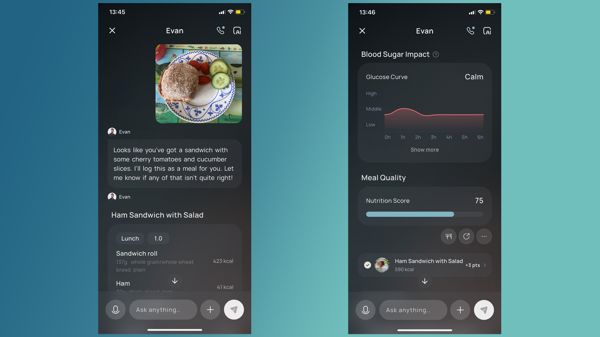 A series of screenshots showing the Fitnexa app, including uploading a meal and tracking the meal.