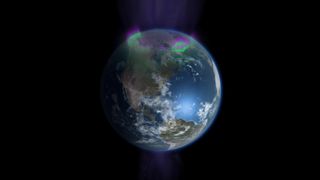 Visualization showing how charged particles stream onto the poles of the Earth creating the northern and southern lights as seen in the new PBS documentary "Earth from Space" by NOVA. 