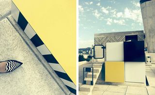 The photo to the left shows a woman's shoe next to the square-shaped structure with a yellow top. The photo to the right shows four square panels set on the wall, two are white one is yellow and one is black.