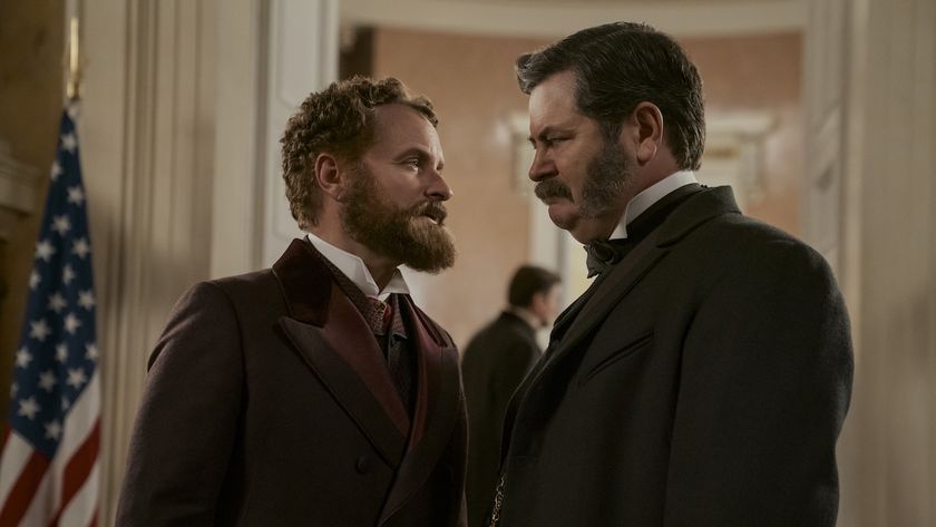 Shea Whigham and Nick Offerman speaking with each other in character on Death by Lightning