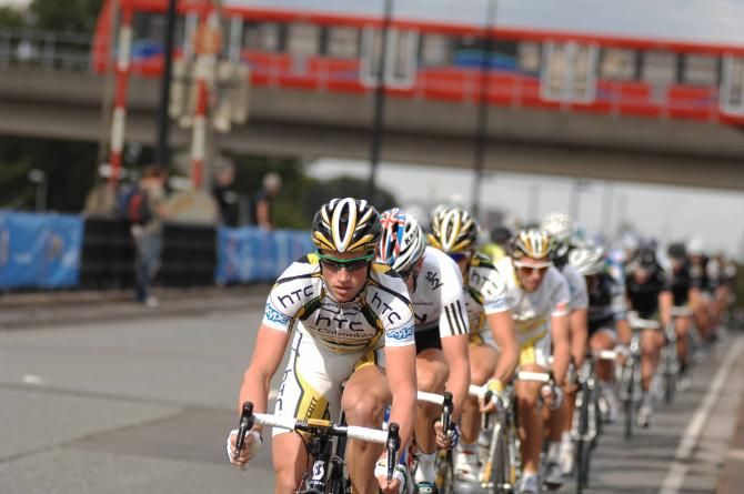 Mark Renshaw (HTC) leads under the Docklands Light Railway in 2010