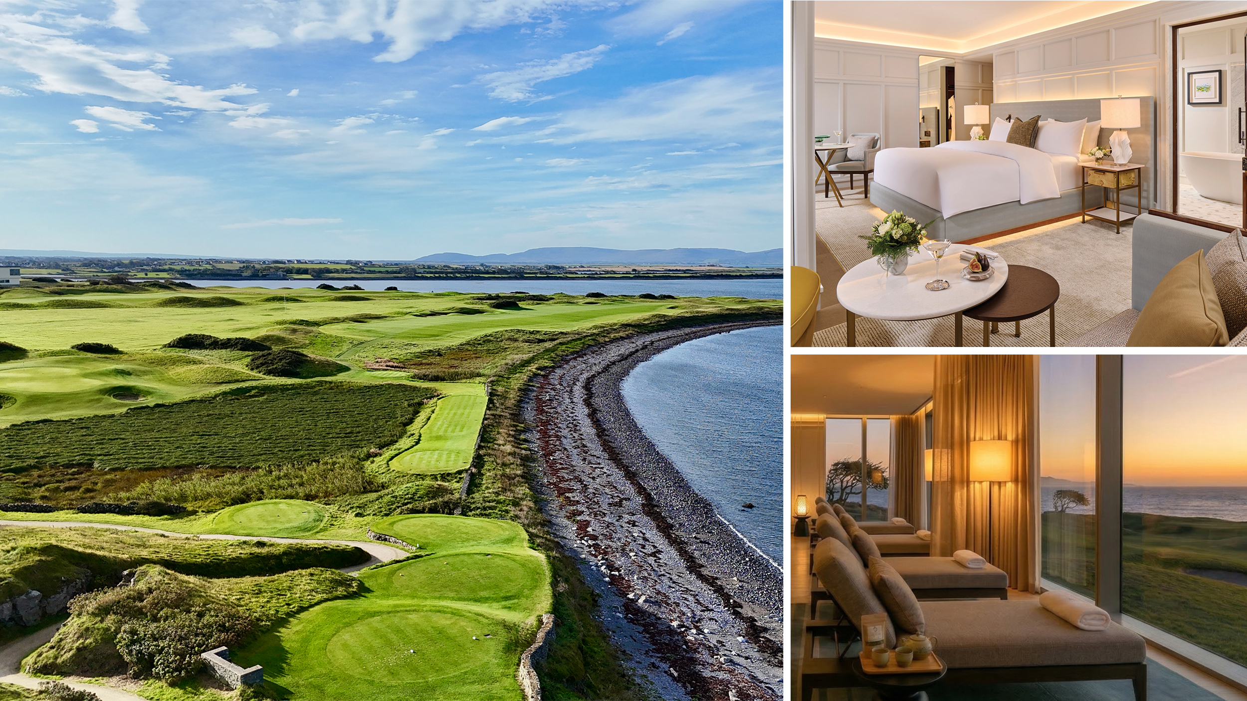 A golf course from above by the sea, a hotel room and spa beds overlooking a golf course and the sea
