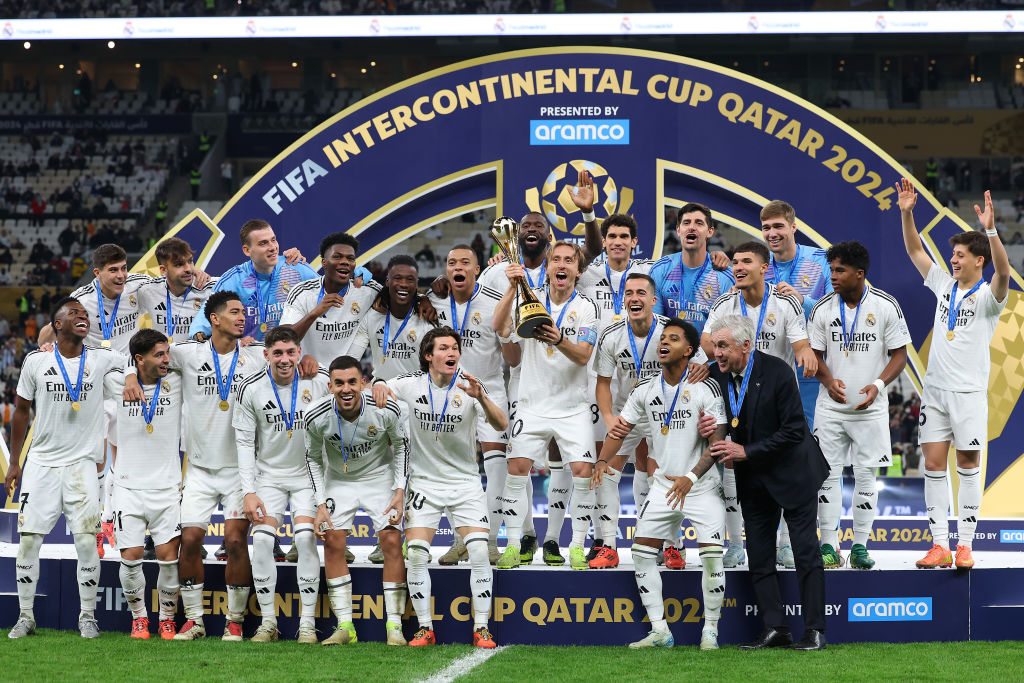 Real Madrid celebrate after beating Mexican side Pachuca 3-0 to win the Intercontinental Cup in December 2024.