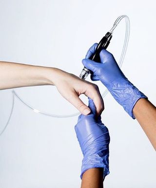 Blue, Arm, Glove, Hand, Water, Wrist, Elbow, Leg, Finger, Medical glove,