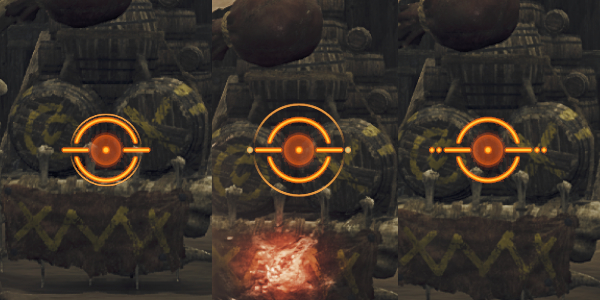 Three Bow reticles in Monster Hunter Wilds, showing different charge levels.