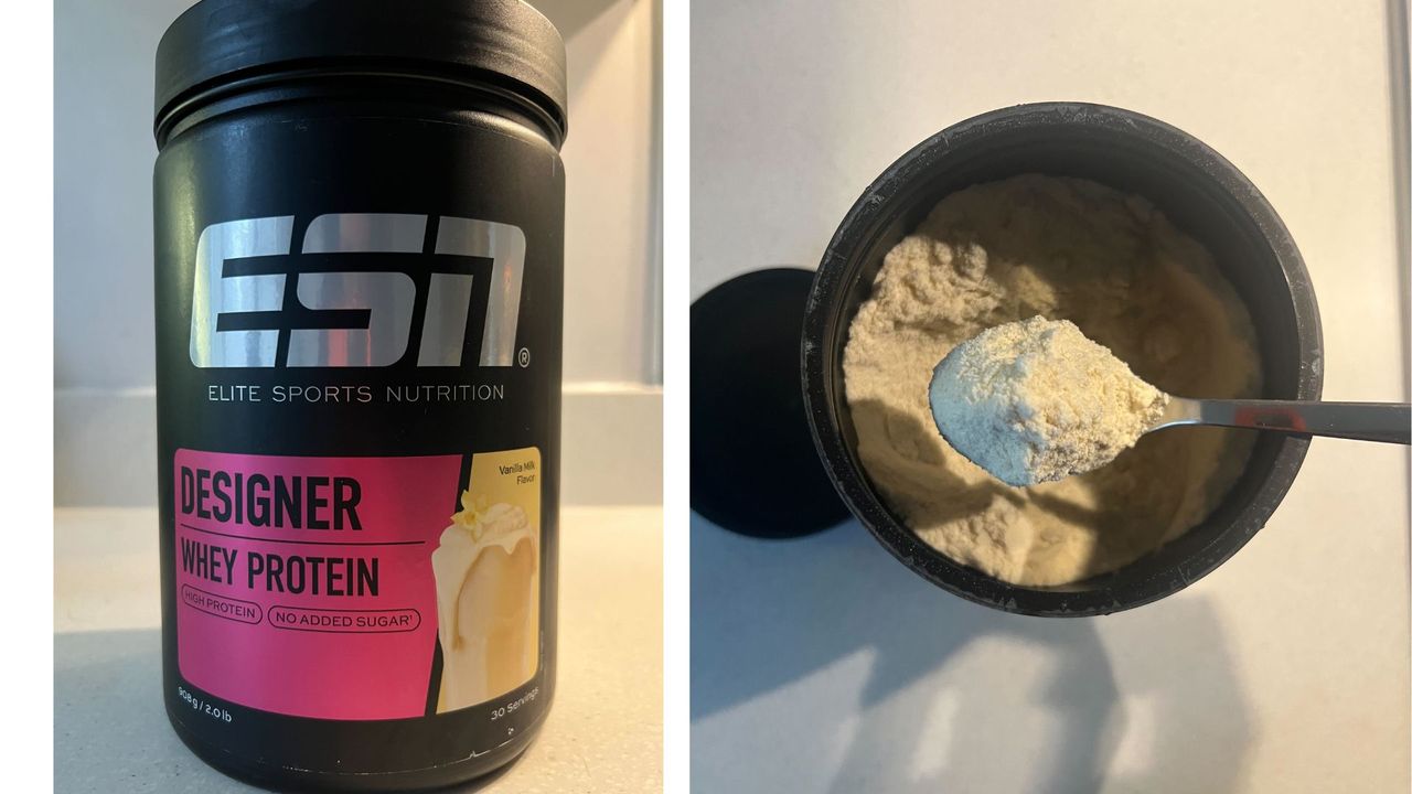 Grace Walsh testing ESN Designer Whey Protein, showing fine powder on spoon and product packaging