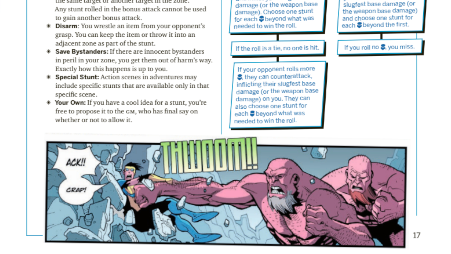 An image of Invincible being punched into a wall below blocks of text detailing in-game effects